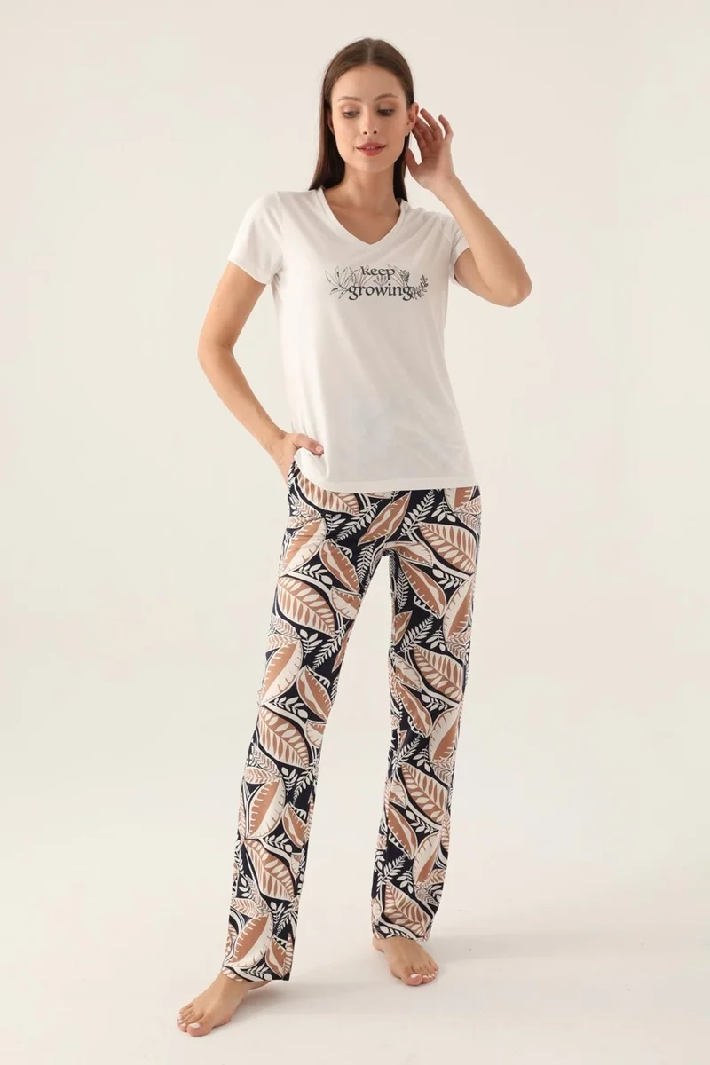 Arnetta V Neck Side Pocket Women's Pajama Set, Cotton Pajama Set
