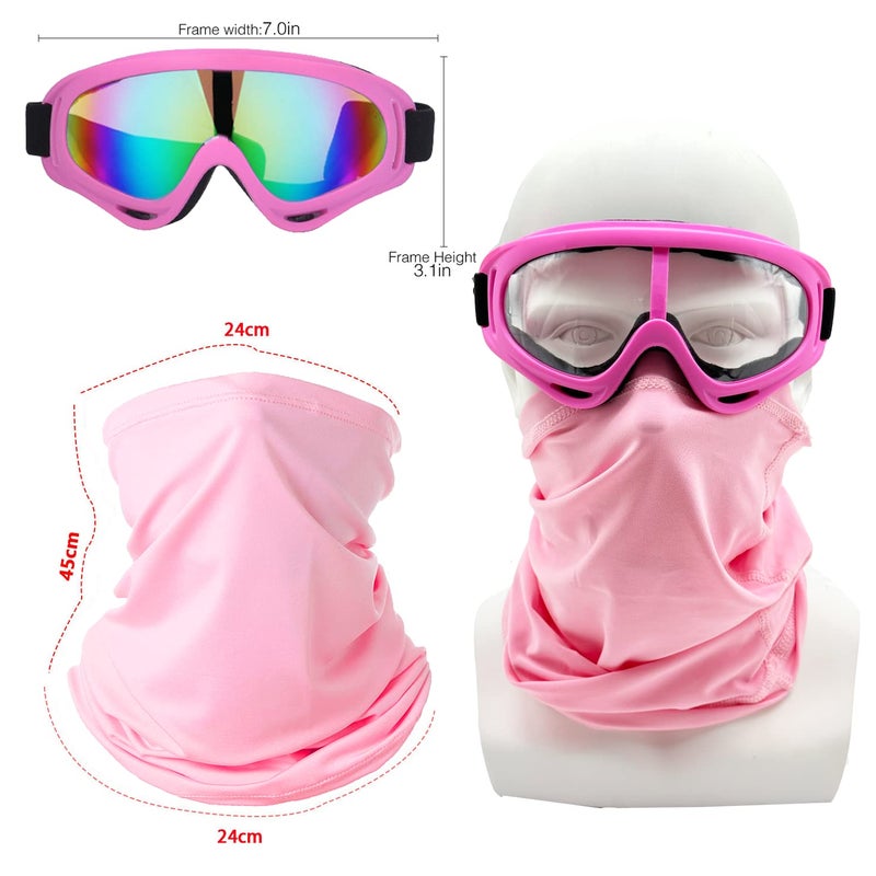 LJDJ Motorcycle Goggles,2 Pack Dirt Bike ATV Motocross Riding Hiking Protective with 2 Pack Neck Breathable Bandana Mask (Pink+Mask) - Image 2