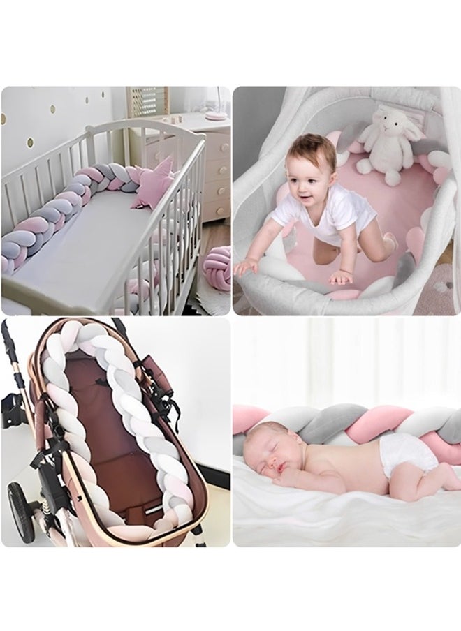Beauenty - Baby Braided Crib Bumper,3 Strand Braided Pillows Anti-Collision Bed Rail,Braid Pillows Cushion,Cotton Soft Knot Pillow Baby Bed Cushion Protector Baby Bumpers(White+Pink+Gray) - Image 1