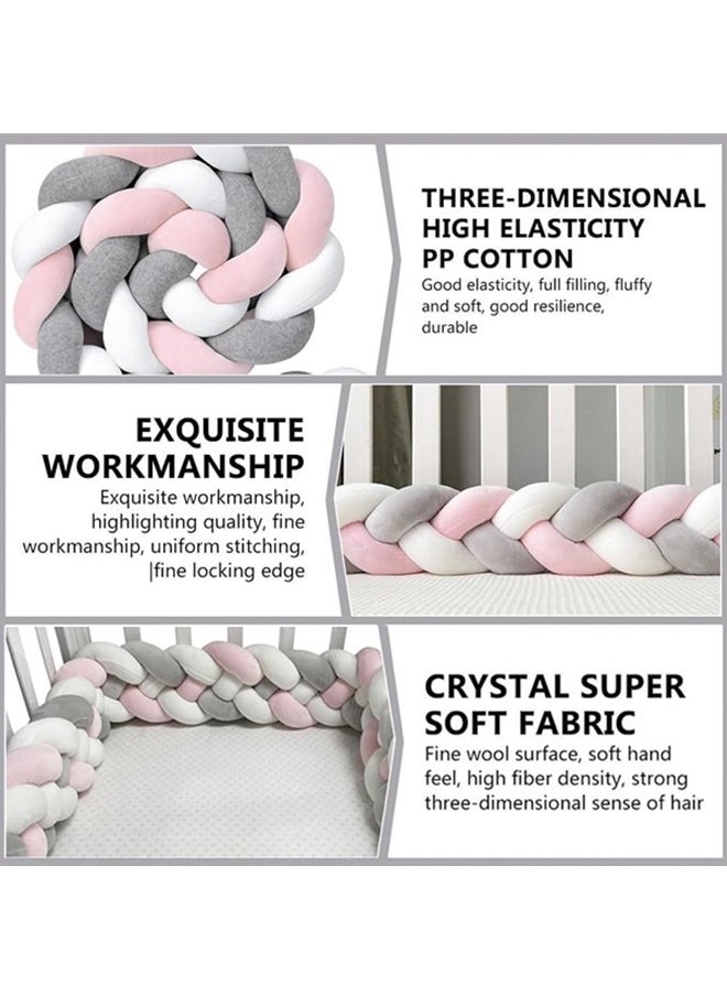 Beauenty - Baby Braided Crib Bumper,3 Strand Braided Pillows Anti-Collision Bed Rail,Braid Pillows Cushion,Cotton Soft Knot Pillow Baby Bed Cushion Protector Baby Bumpers(White+Pink+Gray) - Image 1
