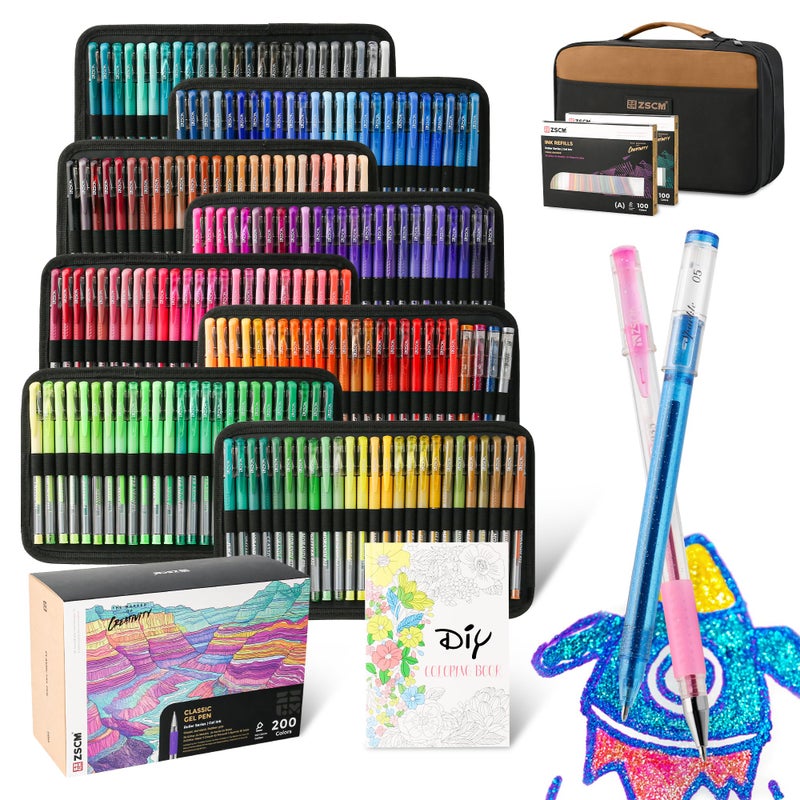 ZSCM 400 Pack Gel Pens for Adult Coloring Book 200 Artist Colored Pens With 200 Refills Fine Tip Metallic Glitter Gel Pens for Drawing Doodling Journaling Craft Art Supplies