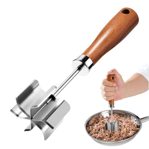 BGWARA Stainless Steel Meat Chopper & Masher - Heavy Duty 6 Curve Blades Ground Beef Chopper Tool with Wooden Handle, Heat Resistant Meat Masher, Hamburger Smasher & Multi-Use Kitchen Tool - Image 1