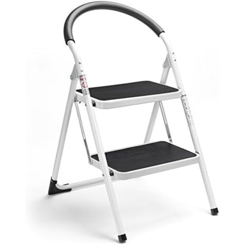 2 Step Folding Stool with Handgrip for Home Use, Heavy Duty Steel, White and Black, Wide Anti-Slip Pedals, 330 Lbs Capacity, Sturdy Portable Stepladder - Image 1