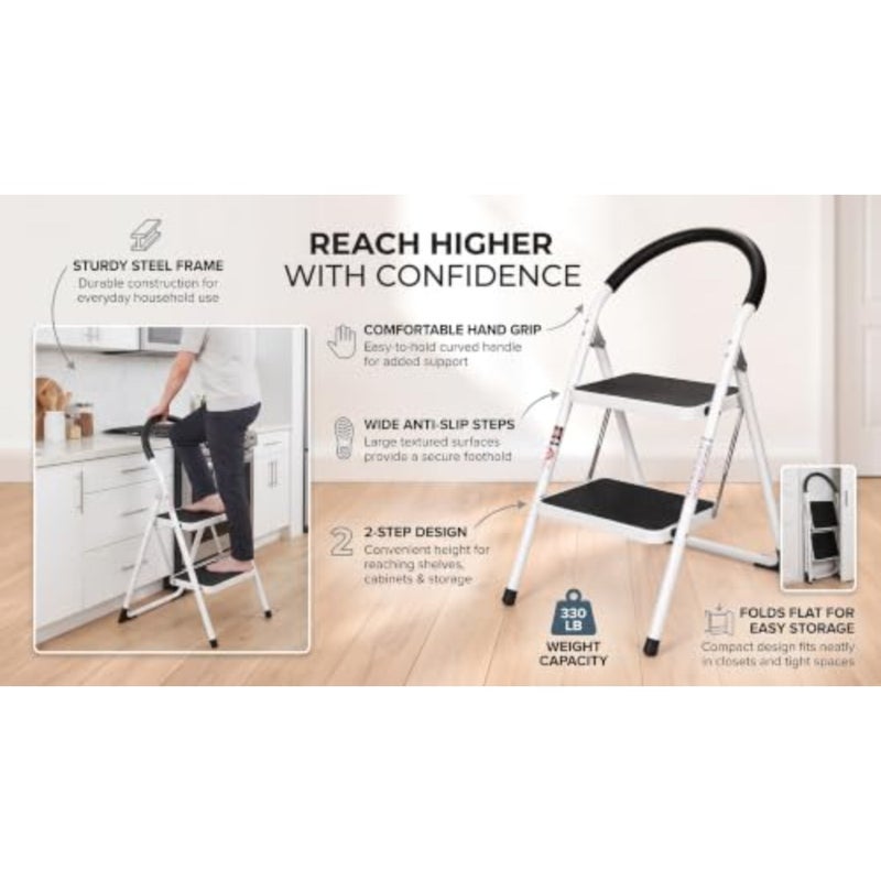 2 Step Folding Stool with Handgrip for Home Use, Heavy Duty Steel, White and Black, Wide Anti-Slip Pedals, 330 Lbs Capacity, Sturdy Portable Stepladder - Image 2
