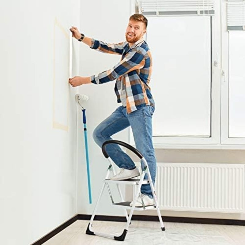 2 Step Folding Stool with Handgrip for Home Use, Heavy Duty Steel, White and Black, Wide Anti-Slip Pedals, 330 Lbs Capacity, Sturdy Portable Stepladder - Image 3
