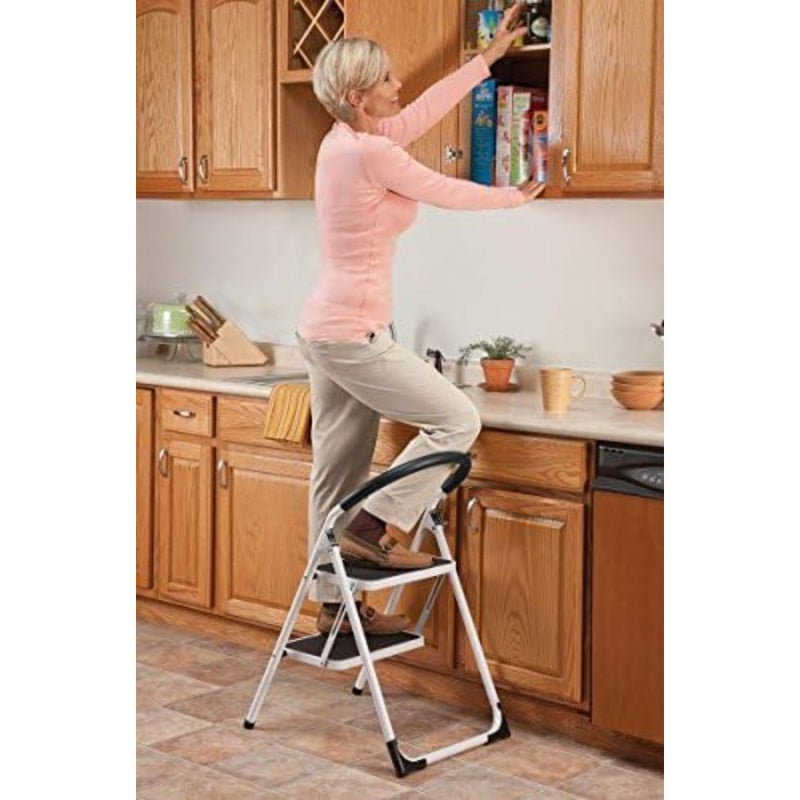 2 Step Folding Stool with Handgrip for Home Use, Heavy Duty Steel, White and Black, Wide Anti-Slip Pedals, 330 Lbs Capacity, Sturdy Portable Stepladder - Image 4