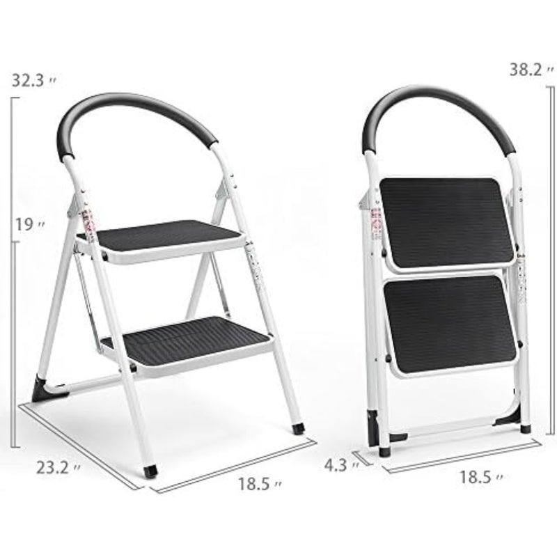 2 Step Folding Stool with Handgrip for Home Use, Heavy Duty Steel, White and Black, Wide Anti-Slip Pedals, 330 Lbs Capacity, Sturdy Portable Stepladder - Image 5
