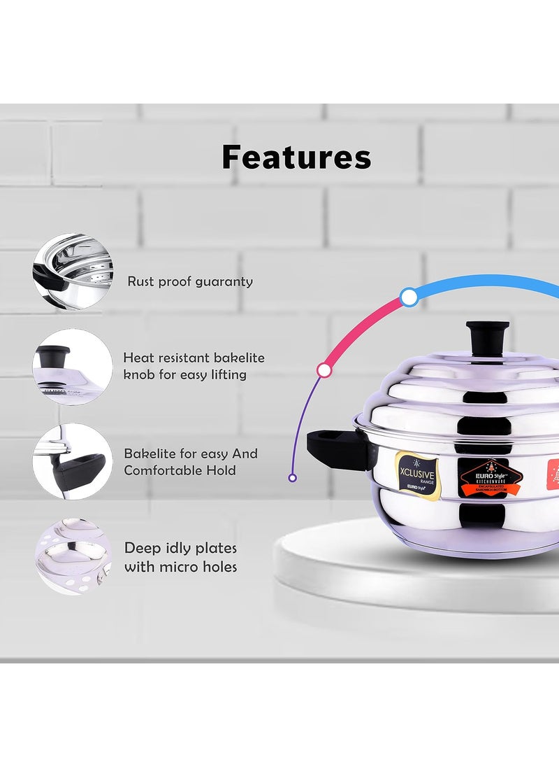EUROstyle KITCHENWARE COOK WITH COMFORT Eurostyle Royal 12 Idli Pot Stainless Steel with Encapsulated Sandwich Bottom 2 in 1 2 Idli Plates 12Pits 1 Steamer Plate for idiyappam Dhokla Prime  - Image 5