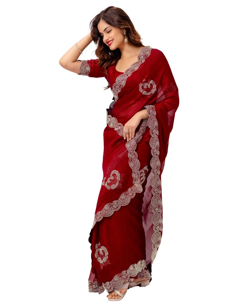 SIRIL Women's Chiffon Stone Work, Scalloped Border Saree With Unstitched Blouse Piece(5059S991_Maroon) - Image 1
