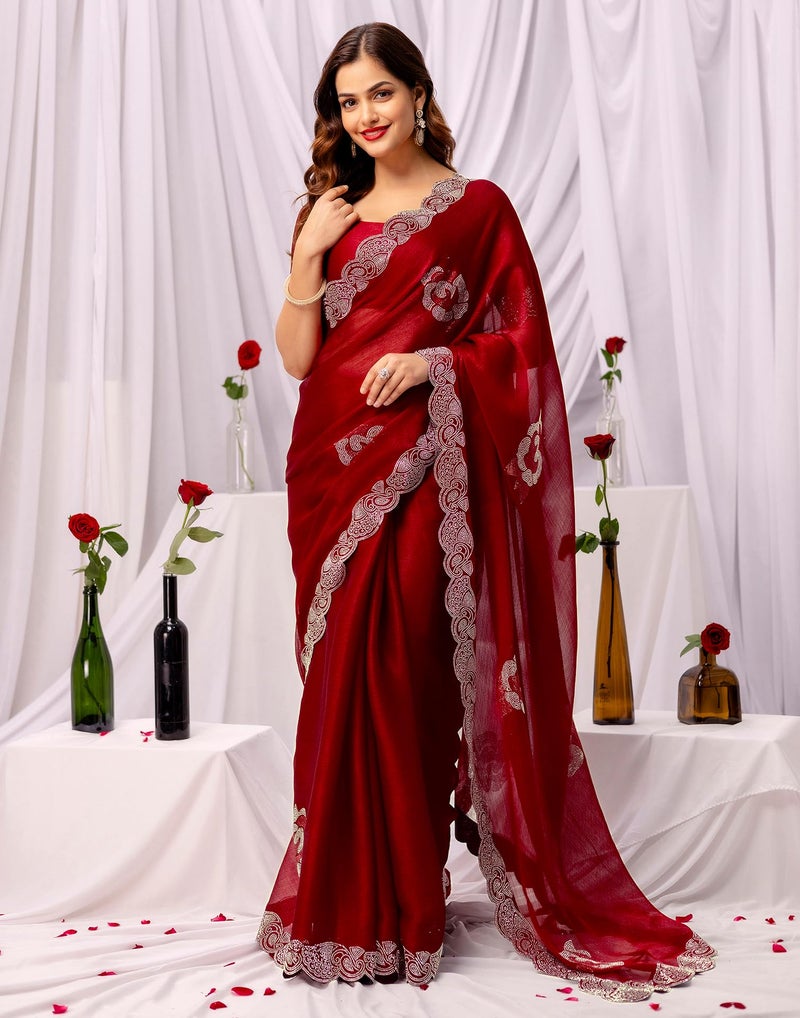 SIRIL Women's Chiffon Stone Work, Scalloped Border Saree With Unstitched Blouse Piece(5059S991_Maroon) - Image 2