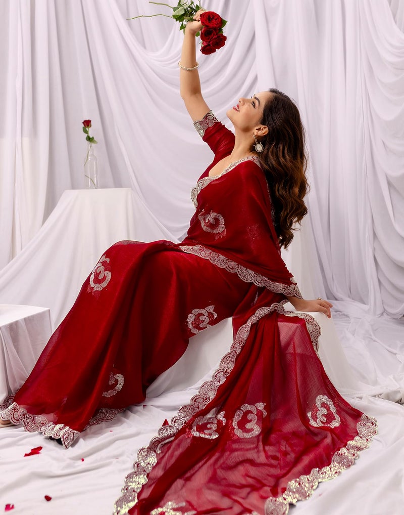 SIRIL Women's Chiffon Stone Work, Scalloped Border Saree With Unstitched Blouse Piece(5059S991_Maroon) - Image 4