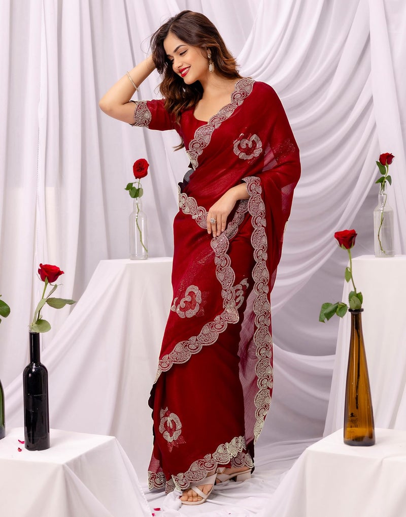 SIRIL Women's Chiffon Stone Work, Scalloped Border Saree With Unstitched Blouse Piece(5059S991_Maroon) - Image 3