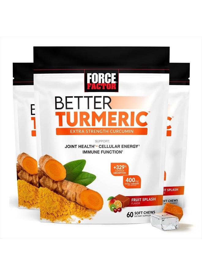 Force Factor Better Turmeric Joint Support Supplement for Extra Strength Joint Health, Featuring HydroCurc Turmeric Curcumin with Black Pepper for Superior Absorption, Fruit Splash, 180 Soft Chews - Image 1