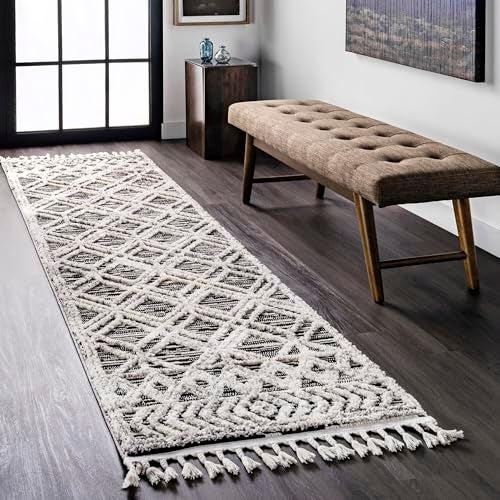 nuLOOM 2x8 Ansley Moroccan Tassel Area Rug Grey HighLow Textured Bohemian Design Plush High Pile Stain Resistant For Bedroom Living Room Hallway Entryway