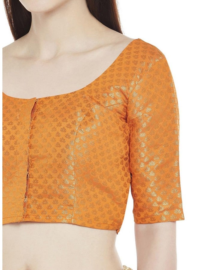 Studio Shringaar Women's Readymade Brocade Saree Blouse with Elbow Length Sleeves (2157-Orange, 46) - Image 3