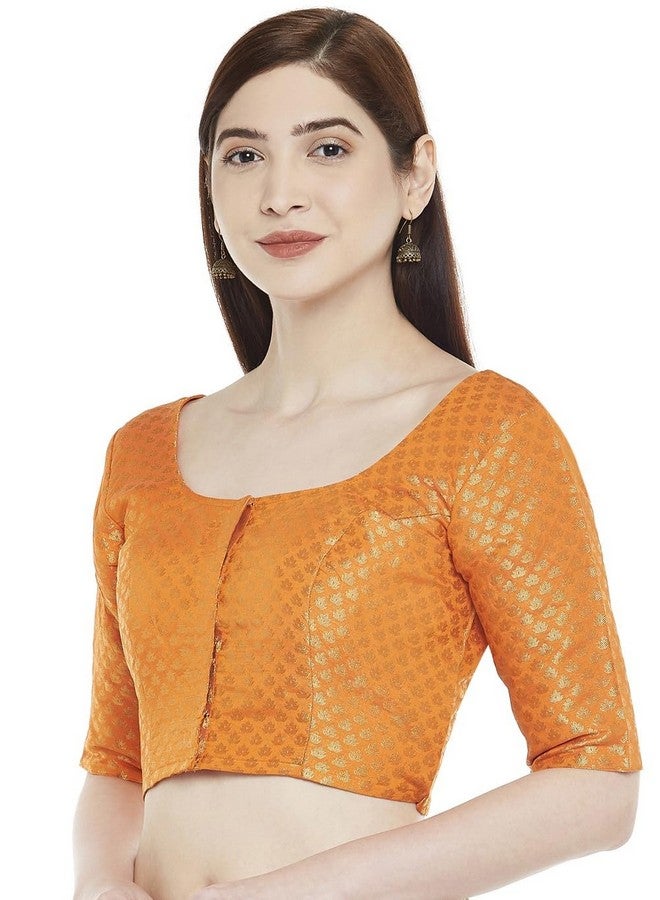 Studio Shringaar Women's Readymade Brocade Saree Blouse with Elbow Length Sleeves (2157-Orange, 46) - Image 4