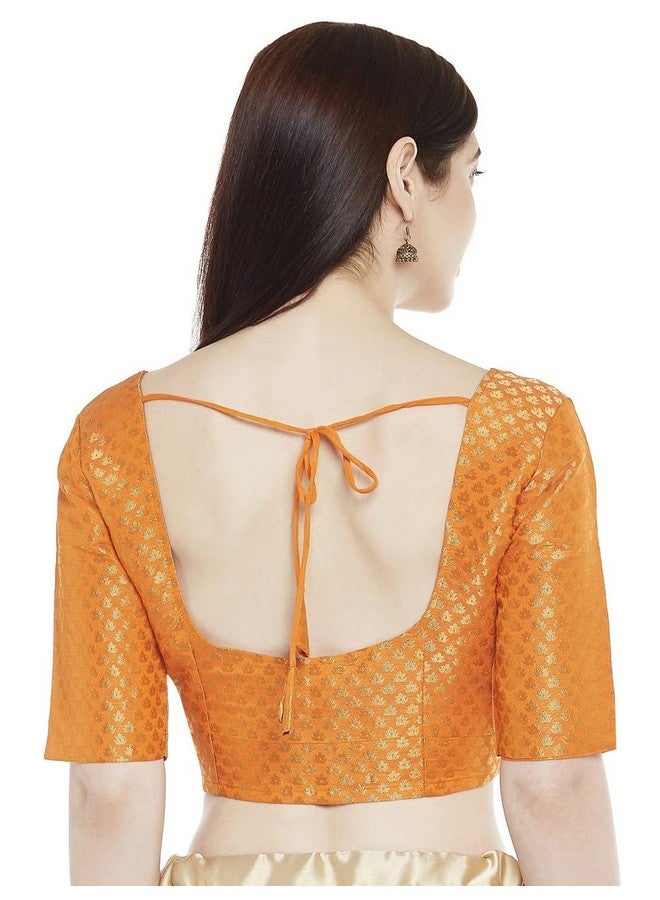 Studio Shringaar Women's Readymade Brocade Saree Blouse with Elbow Length Sleeves (2157-Orange, 46) - Image 2