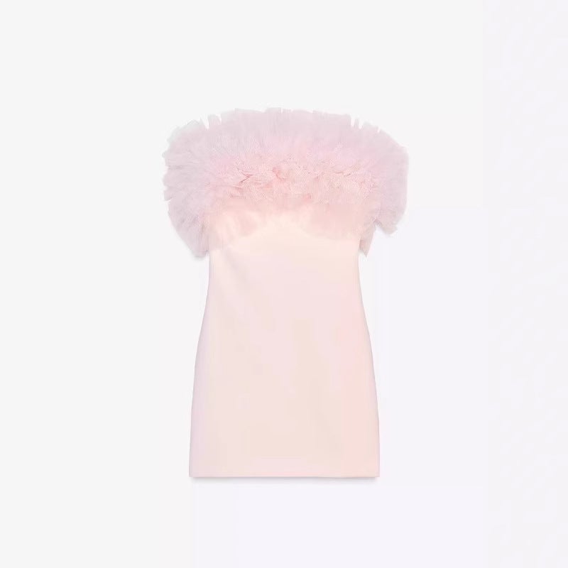 Summer Pink Sweet Fluffy Short Dress New Tube Top Sweet Fashion Short Skirt Design Versatile Dress Pink