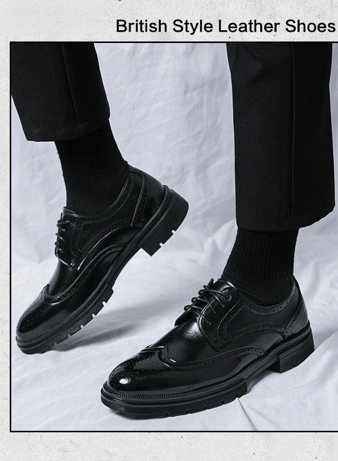 Formal Leather Shoes for Men Round Toe Lace Up Brogue Pattern Breathable Soft Comfortable Non Slip Shoes Mens Burnished Premium Textured Dress Shoes Business Casual Wedding Party Black - Image 4