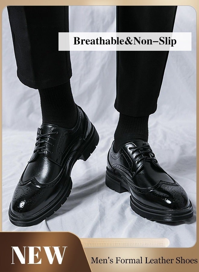 Formal Leather Shoes for Men Round Toe Lace Up Brogue Pattern Breathable Soft Comfortable Non Slip Shoes Mens Burnished Premium Textured Dress Shoes Business Casual Wedding Party Black - Image 1