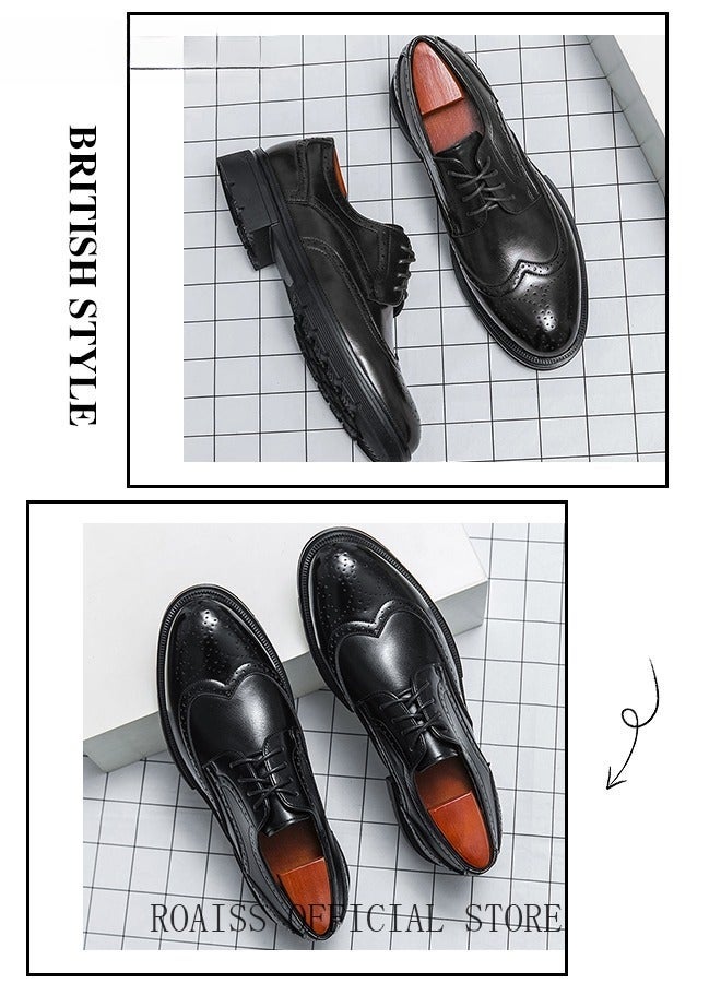 Formal Leather Shoes for Men Round Toe Lace Up Brogue Pattern Breathable Soft Comfortable Non Slip Shoes Mens Burnished Premium Textured Dress Shoes Business Casual Wedding Party Black - Image 5
