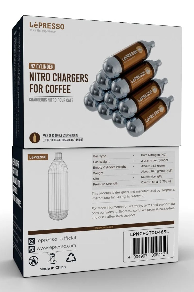 LePRESSO Nitro Chargers for Coffee Pack of 10 Single Use Chargers / N2 Cylinder - Silver - Image 3
