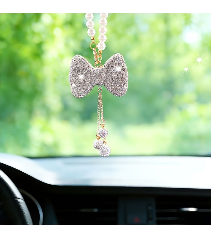 Red Rhinestone Bow Car Pendant With Tassel For Rearview Mirror Decoration - Image 4