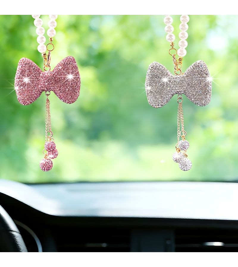 Red Rhinestone Bow Car Pendant With Tassel For Rearview Mirror Decoration - Image 1