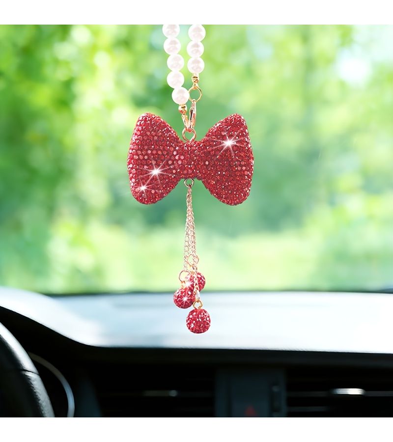 Red Rhinestone Bow Car Pendant With Tassel For Rearview Mirror Decoration - Image 5
