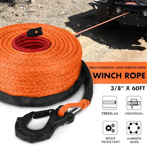 STEGODON 3/8" x 60ft Synthetic Winch Rope 19,854lbs Dyneema Winch Cable Line with Hook and Sleeve Protection Car Tow Recovery Cable for 4WD Off Road Vehicle SUV Truck(Orange-Slim) - Image 2