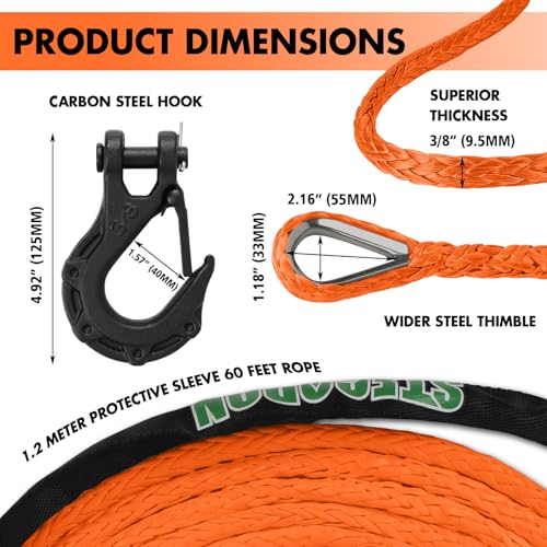 STEGODON 3/8" x 60ft Synthetic Winch Rope 19,854lbs Dyneema Winch Cable Line with Hook and Sleeve Protection Car Tow Recovery Cable for 4WD Off Road Vehicle SUV Truck(Orange-Slim) - Image 3