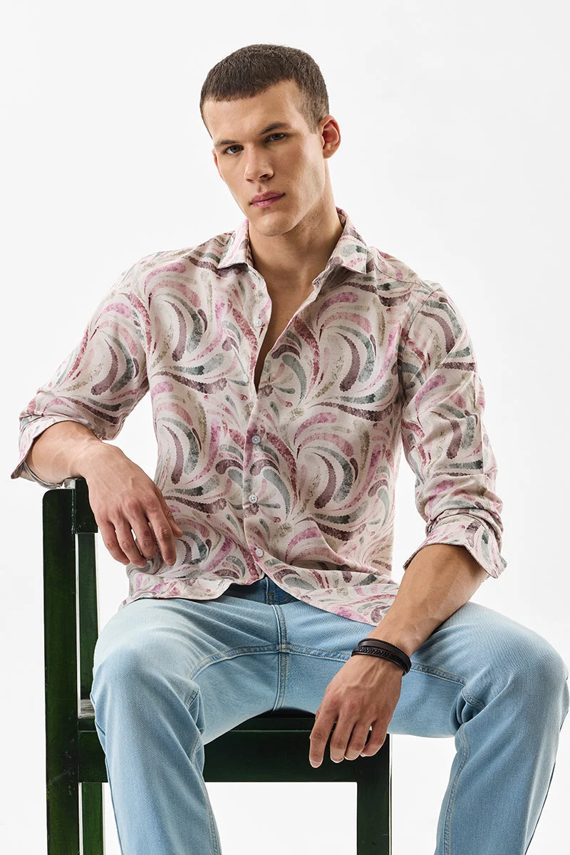 SNITCH Beige Abstract Long Sleeve Slim Fit Shirt