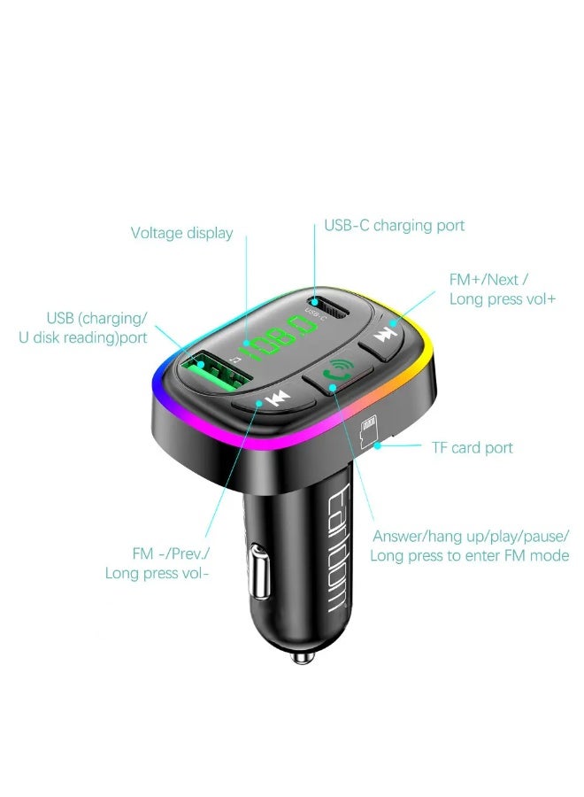 أيرلدوم شاحن سيارة ذكي ET-M104، شاحن USB مزدوج 3.1 أمبير مع مشغل FM وإضاءة RGB، يدعم الاتصال والبلوتوث وبطاقة TF، شاحن سيارة متعدد الوظائف مثل شحن الهواتف الذكية والأجهزة اللوحية وتشغيل الأغاني والرد على المكالمات بسهولة أثناء القيادة، شاشة رقمية، مقبض دوار للتحكم السهل، تصميم أنيق وعملي - Image 4