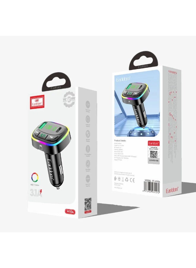 أيرلدوم شاحن سيارة ذكي ET-M104، شاحن USB مزدوج 3.1 أمبير مع مشغل FM وإضاءة RGB، يدعم الاتصال والبلوتوث وبطاقة TF، شاحن سيارة متعدد الوظائف مثل شحن الهواتف الذكية والأجهزة اللوحية وتشغيل الأغاني والرد على المكالمات بسهولة أثناء القيادة، شاشة رقمية، مقبض دوار للتحكم السهل، تصميم أنيق وعملي - Image 5