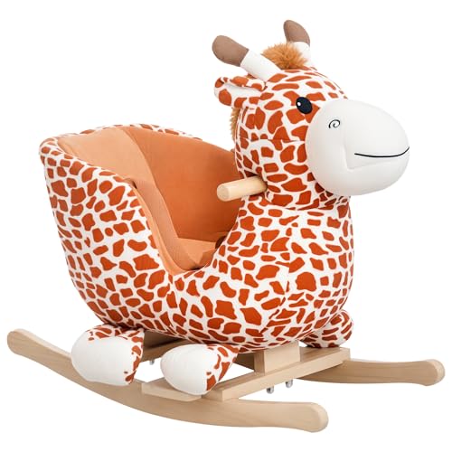 Qaba Kids Plush RideOn Rocking Horse Toy Giraffe Style with Song for 1836 Months Brown - Image 1