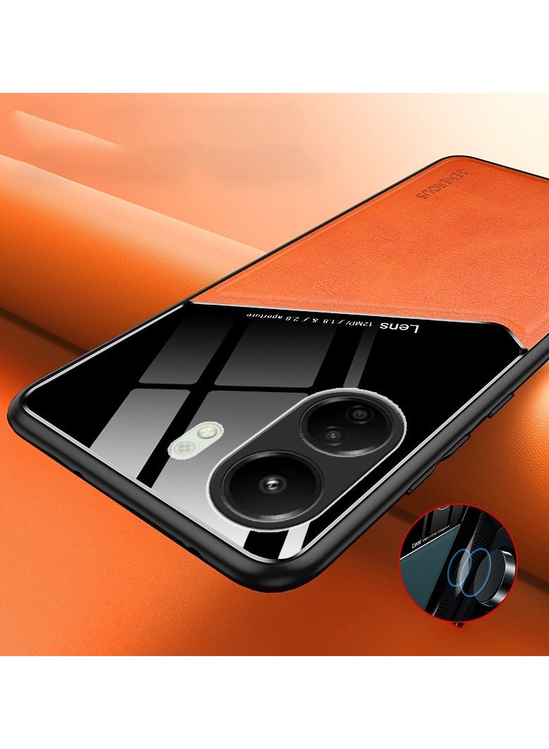 Case Compatible With Xiaomi Redmi 13C 4G Cover Luxury Leather And Glass With Car Magnetic Holder Phone Cover Soft Frame Silicone (Orange)