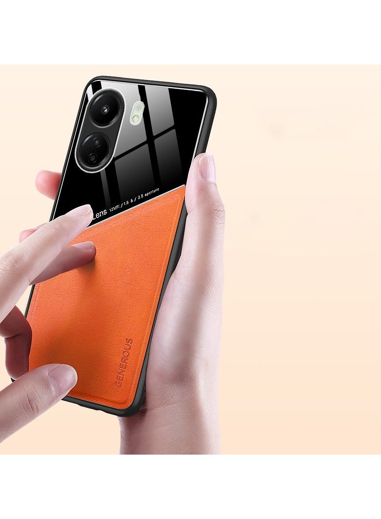 Case Compatible With Xiaomi Redmi 13C 4G Cover Luxury Leather And Glass With Car Magnetic Holder Phone Cover Soft Frame Silicone (Orange)