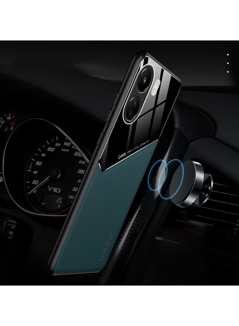 Case Compatible With Xiaomi Redmi 13C 4G Cover Luxury Leather And Glass With Car Magnetic Holder Phone Cover Soft Frame Silicone (Orange)