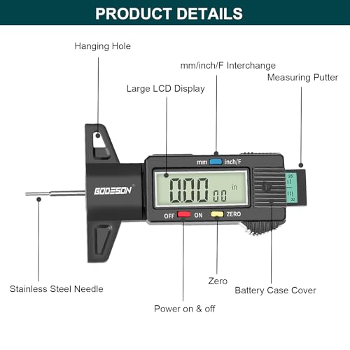 GODESON Tire Tread Depth Gauge, Digital Tire Tread Depth Gauge with 3 Modes-Fractional Inch, Decimal Inch and Millimeter, Tire Depth Gauge for Motorcycles, Cars, SUV, Easy to Read Tread Depth Gauge - Image 2