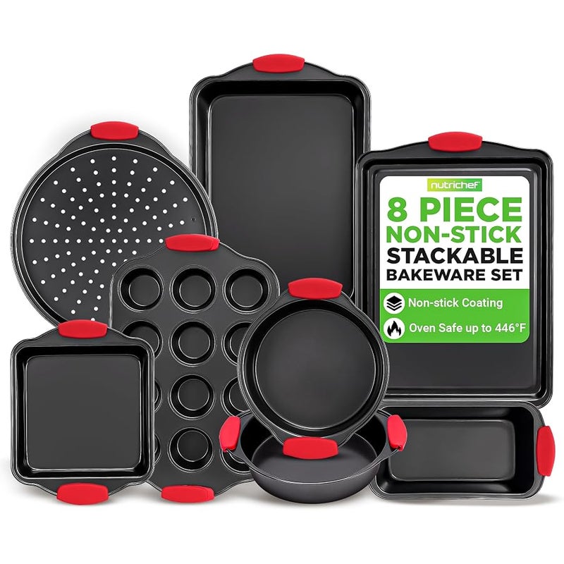 NutriChef Non-Stick Kitchen Oven Baking Pans-Deluxe & Stylish Nonstick Gray Coating Inside Outside, Commercial Grade Restaurant Quality Metal Bakeware with Red Silicone Handles NCSBS8S, 8 Piece Set - Image 1