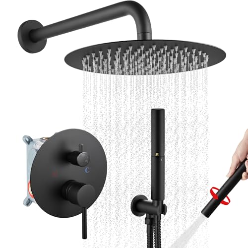 Airuida Shower Fixtures 2 Functions Shower Faucet Set Wall Mounted for Bathroom High Pressure Brass Handheld Shower with Rough-in Valve Round Rainfall 10 Inch Shower Head Matte Black - Image 1