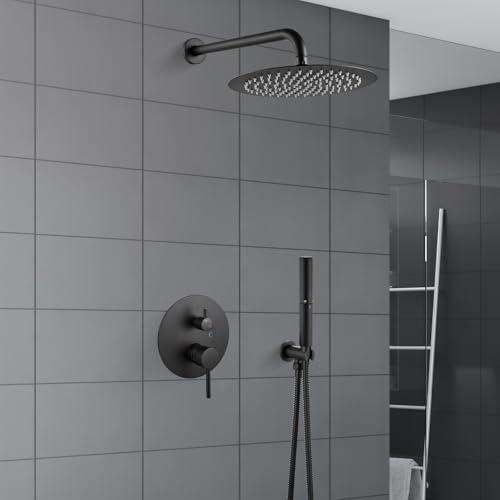 Airuida Shower Fixtures 2 Functions Shower Faucet Set Wall Mounted for Bathroom High Pressure Brass Handheld Shower with Rough-in Valve Round Rainfall 10 Inch Shower Head Matte Black - Image 4