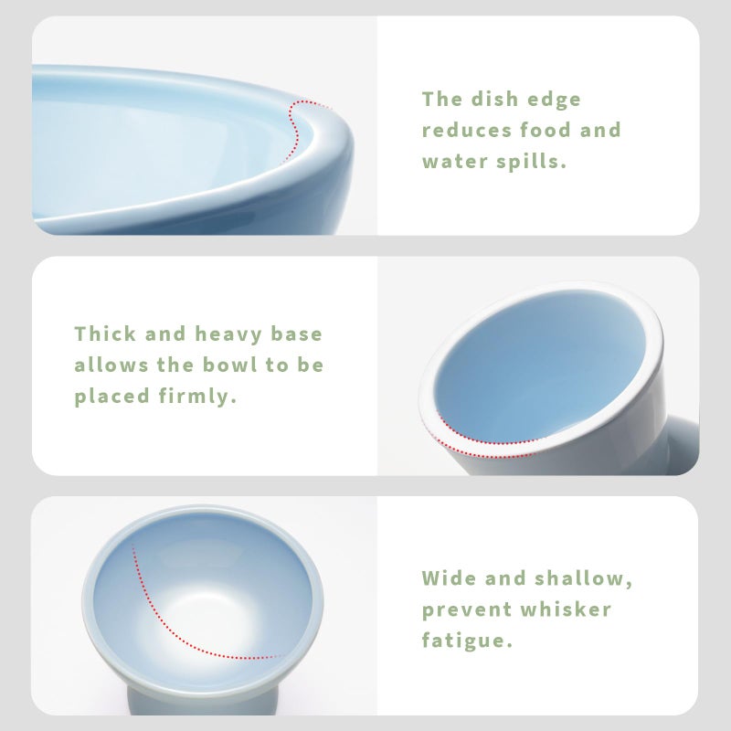 CEEFU Extra Wide Elevated Ceramic Cat Bowl, 6.2" Shallow Dish for Whisker Fatigue Relief, 5" Height for Easy Feeding, Durable Raised Cat Food Bowls, Pack of 2, Blue - Image 2