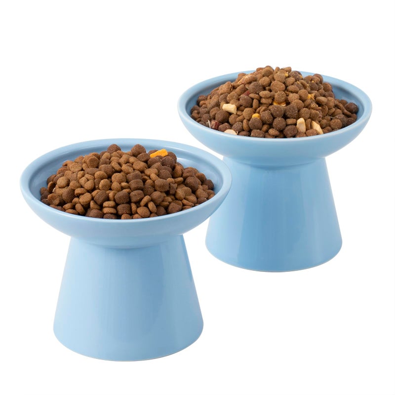 CEEFU Extra Wide Elevated Ceramic Cat Bowl, 6.2" Shallow Dish for Whisker Fatigue Relief, 5" Height for Easy Feeding, Durable Raised Cat Food Bowls, Pack of 2, Blue - Image 1