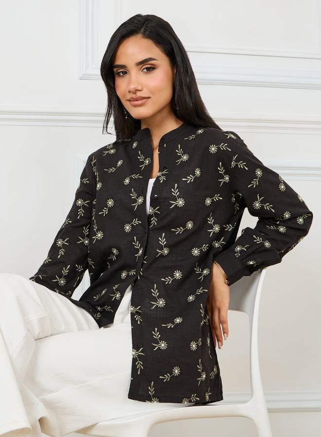 Styli Cotton Slub Floral Embroidered Mandarin Collar Shirt  - Image 1