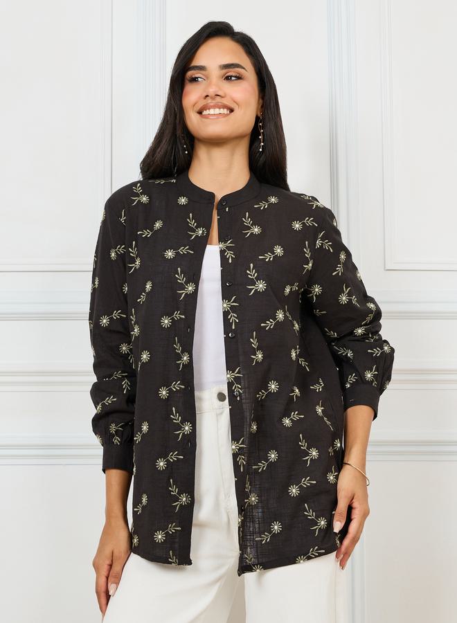 Styli Cotton Slub Floral Embroidered Mandarin Collar Shirt  - Image 3