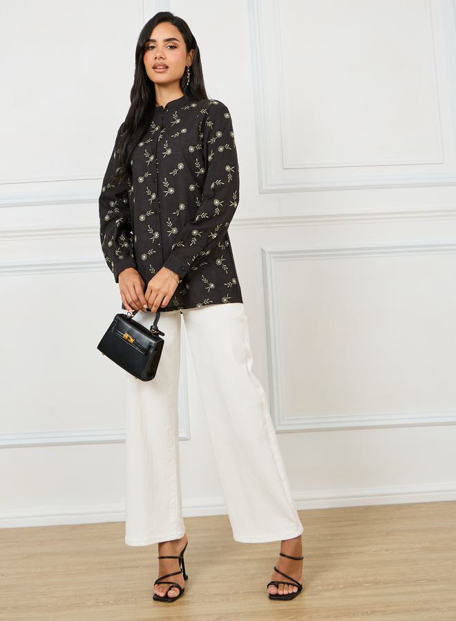Styli Cotton Slub Floral Embroidered Mandarin Collar Shirt  - Image 2