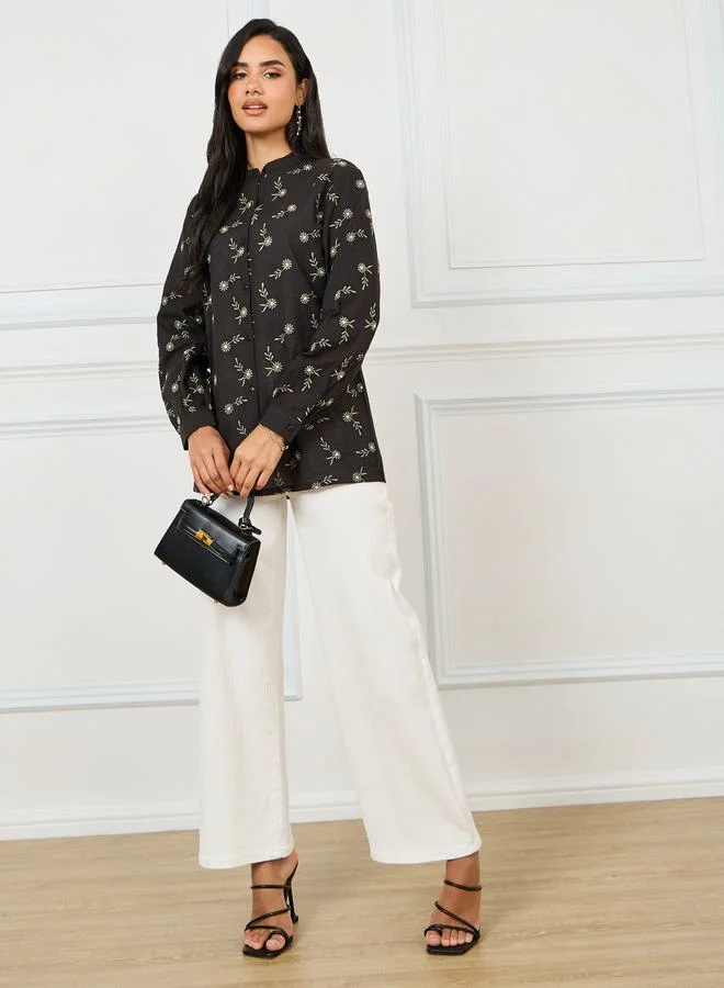Styli Styli Cotton Slub Floral Embroidered Mandarin Collar Shirt
