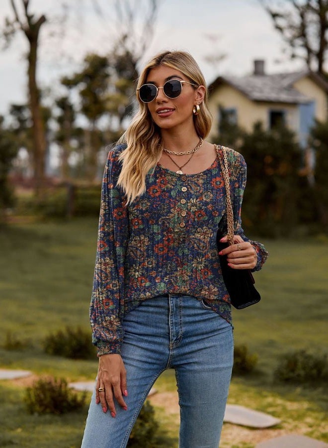 DB MOON Womens Lightweight Sweaters 2025 Long Sleeve Henley Shirt Fall Casual Crewneck Tunic Tops, Geometric Floral, M - Image 2