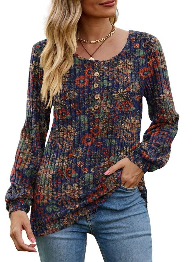 DB MOON Womens Lightweight Sweaters 2025 Long Sleeve Henley Shirt Fall Casual Crewneck Tunic Tops, Geometric Floral, M - Image 3